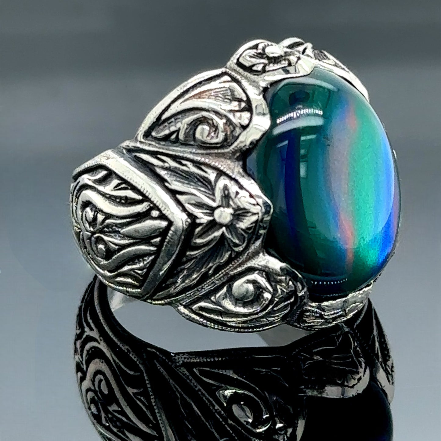 Men Silver Handmade Natural Blue Tiger Eye Gemstone Ring