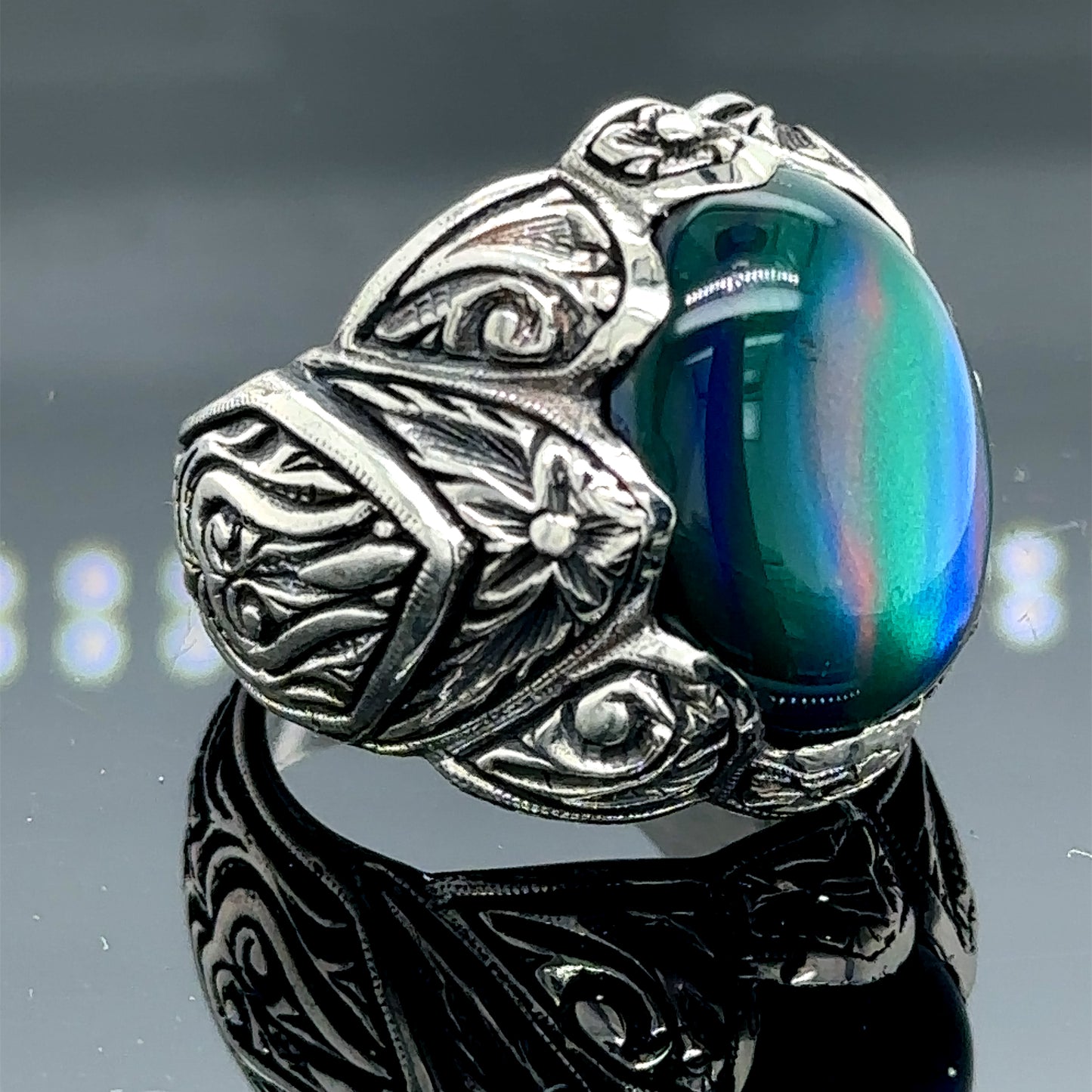 Men Silver Handmade Natural Blue Tiger Eye Gemstone Ring