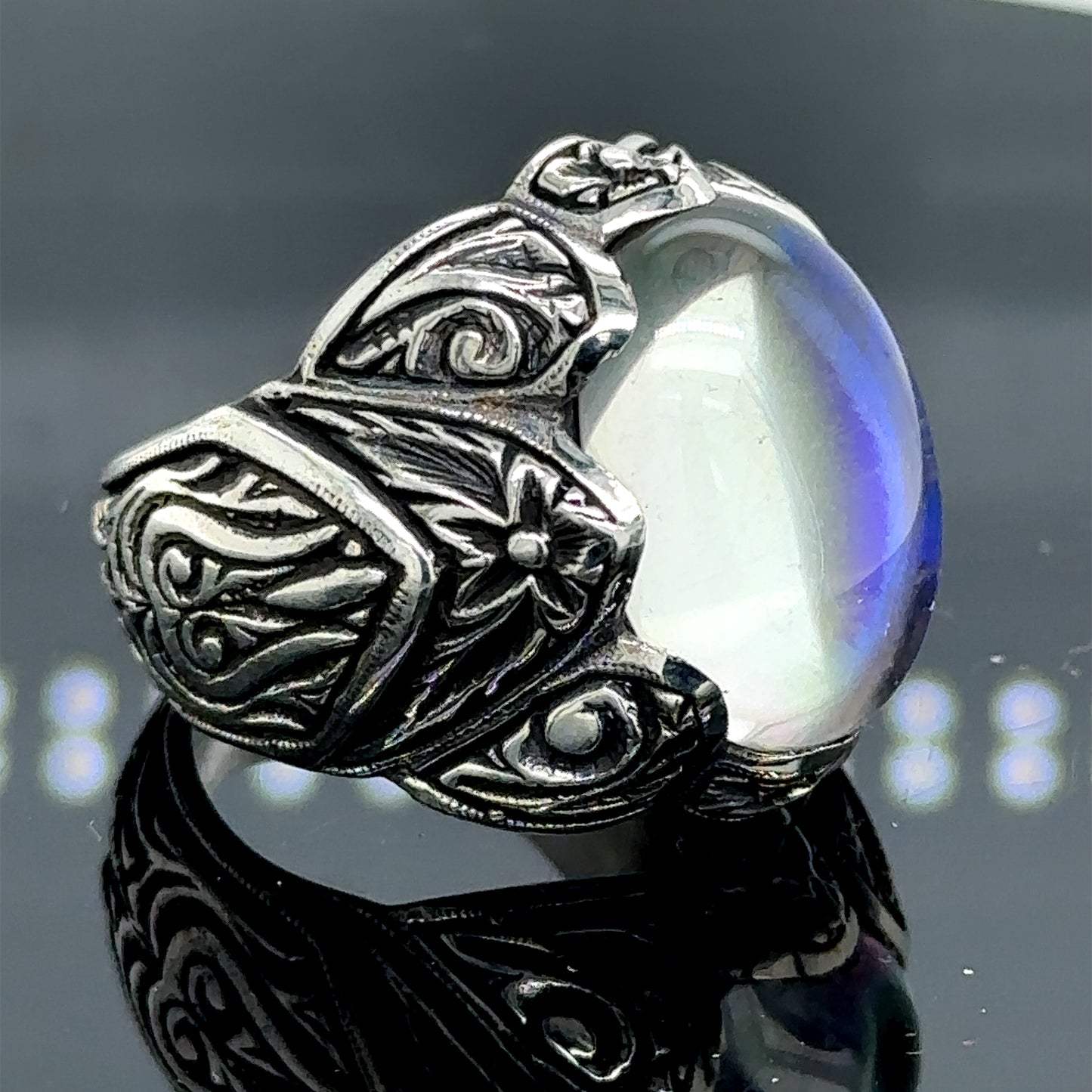 Silver Engraved Natural Moonstone Men Ring