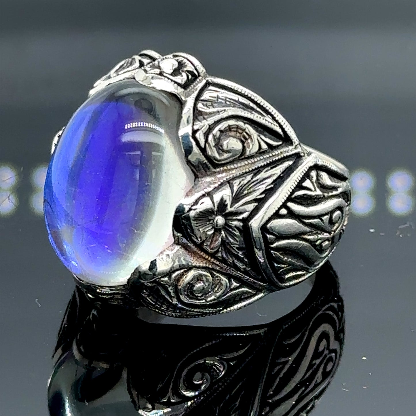 Silver Engraved Natural Moonstone Men Ring