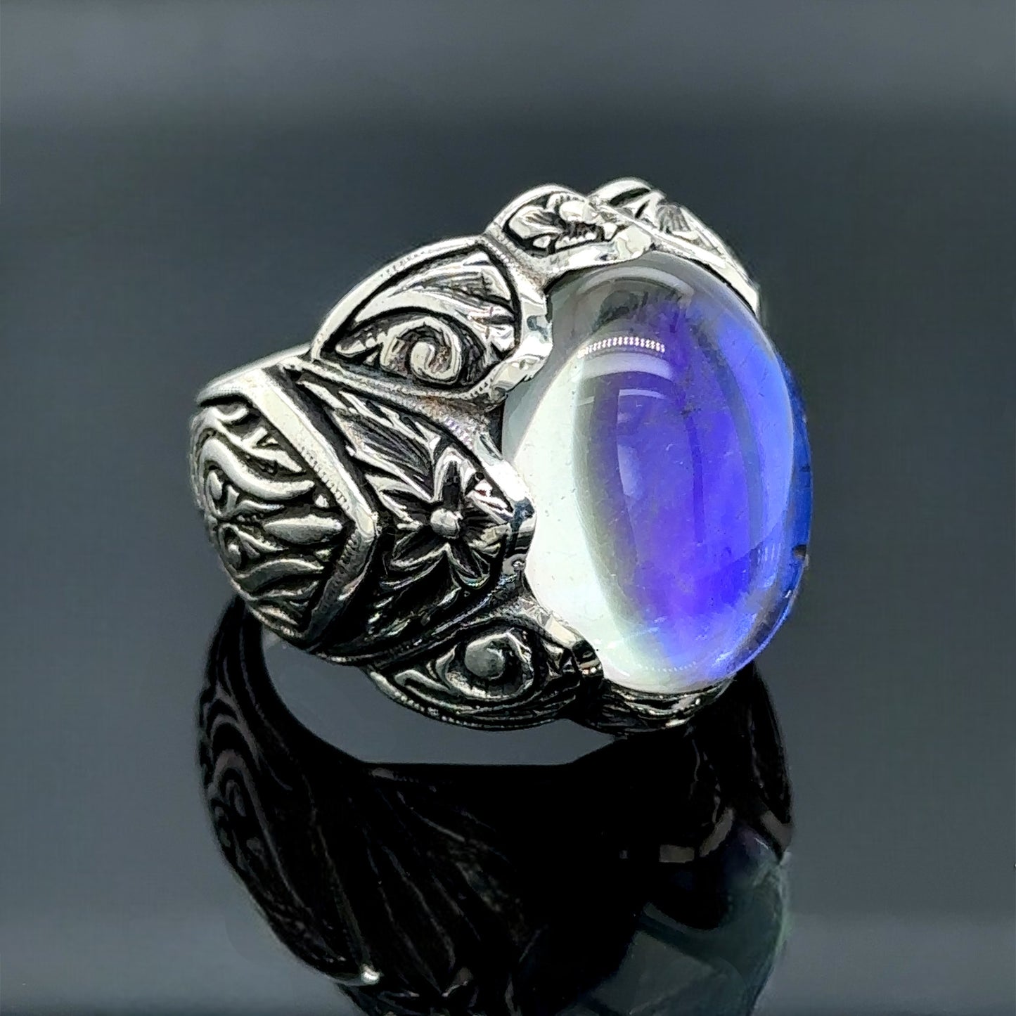 Silver Engraved Natural Moonstone Men Ring