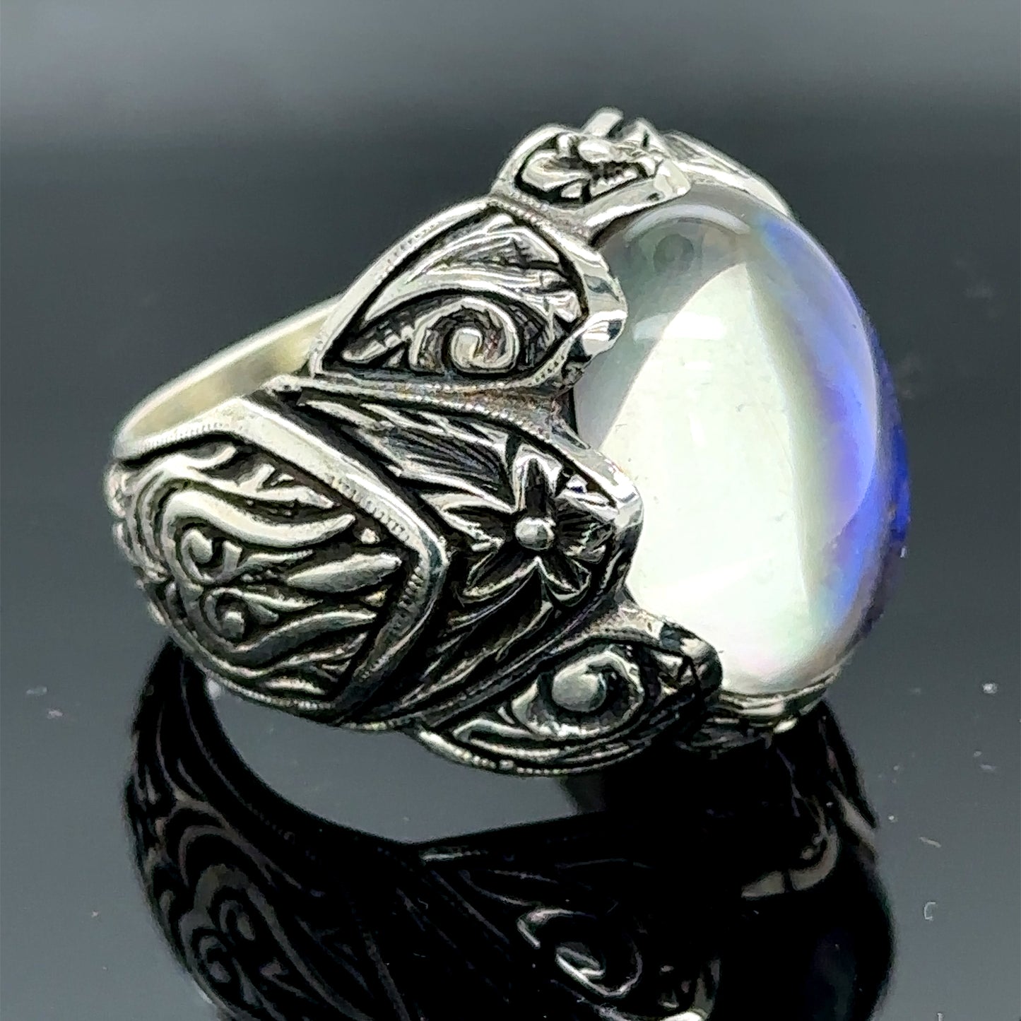 Silver Engraved Natural Moonstone Men Ring