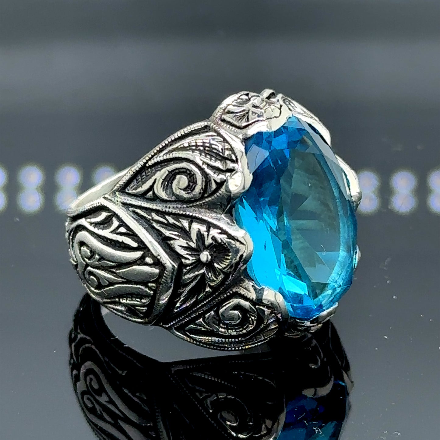 Men Silver Engraved Handmade Aquamarine Gemstone Ring