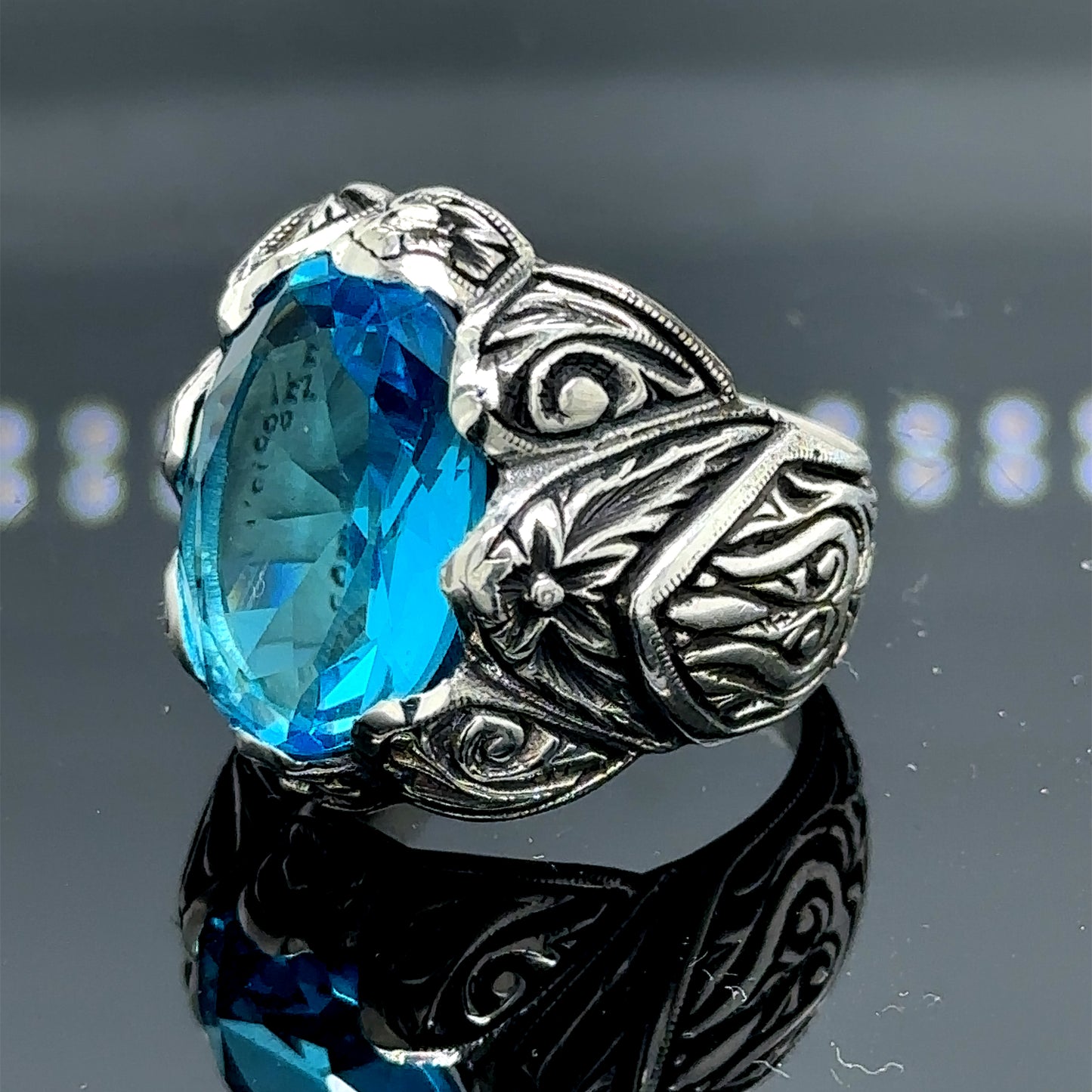 Men Silver Engraved Handmade Aquamarine Gemstone Ring