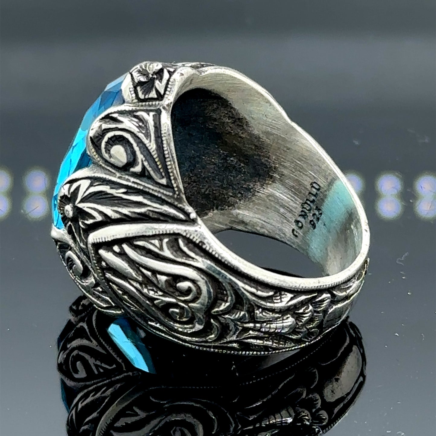 Men Silver Engraved Handmade Aquamarine Gemstone Ring