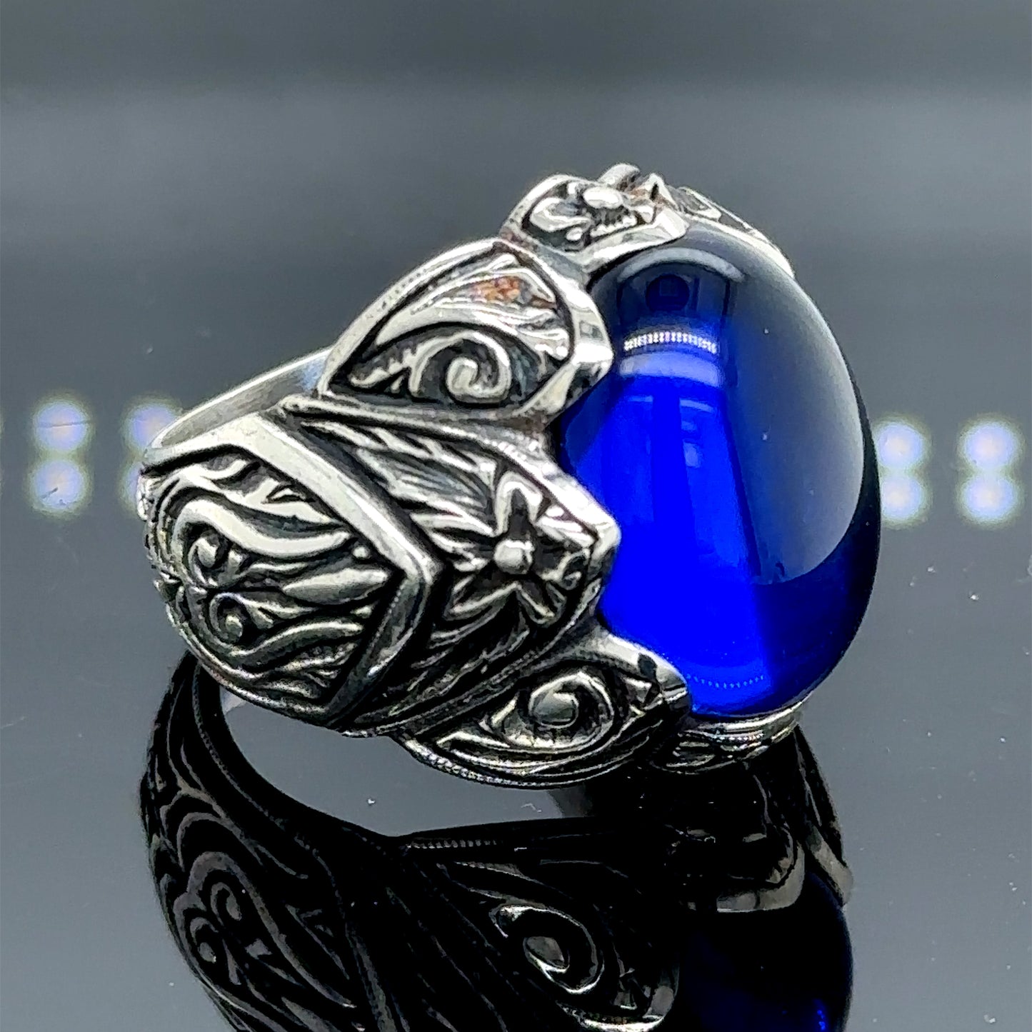 Men Silver Engraved Ottoman Style Sapphire Ring