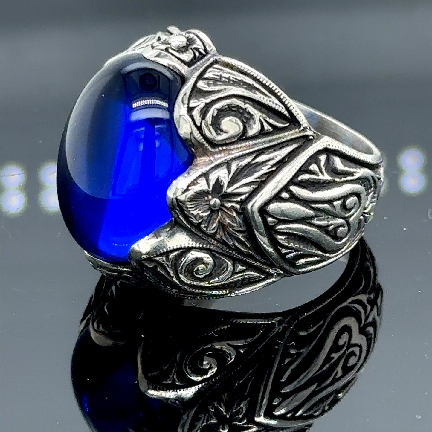 Men Silver Engraved Ottoman Style Sapphire Ring