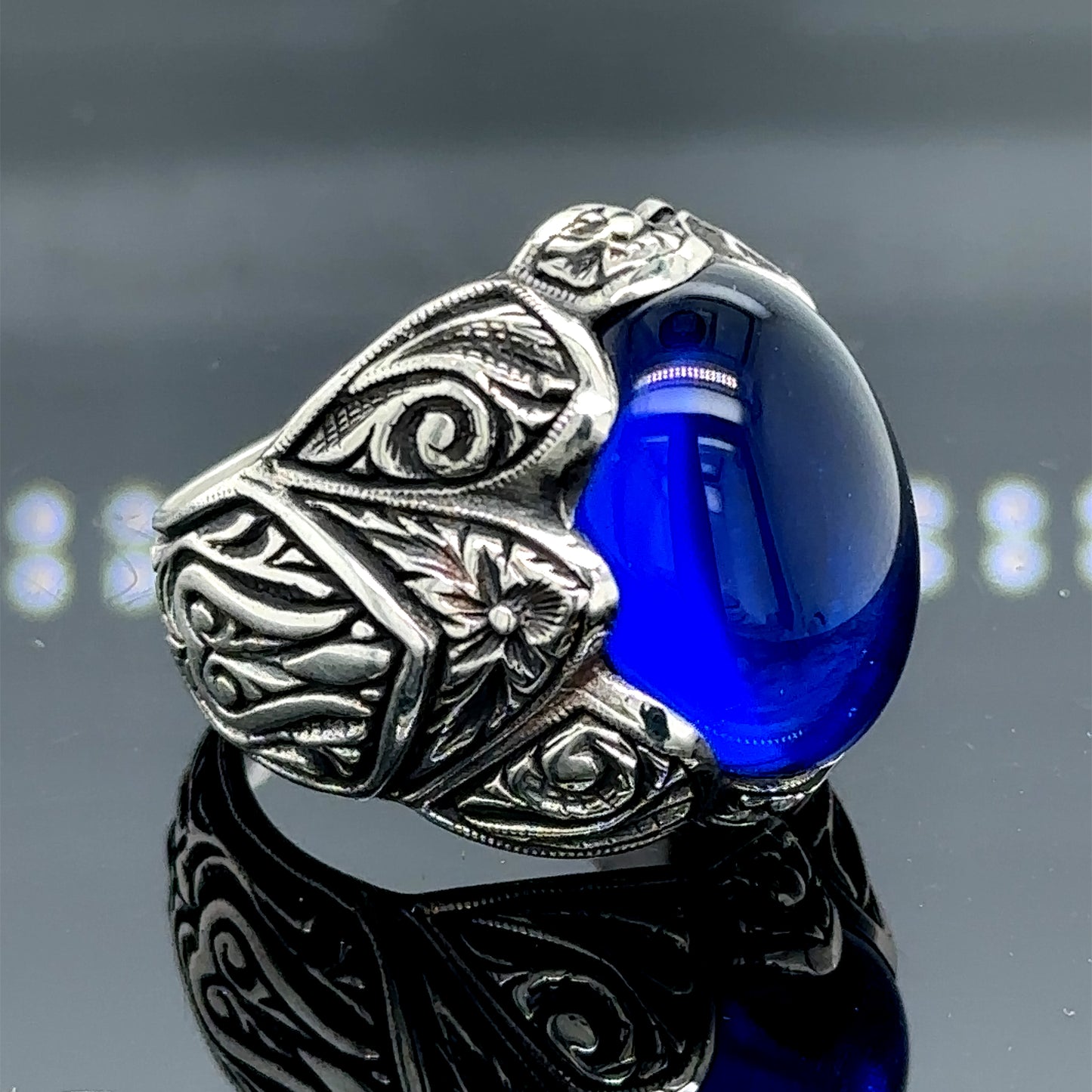 Men Silver Engraved Ottoman Style Sapphire Ring