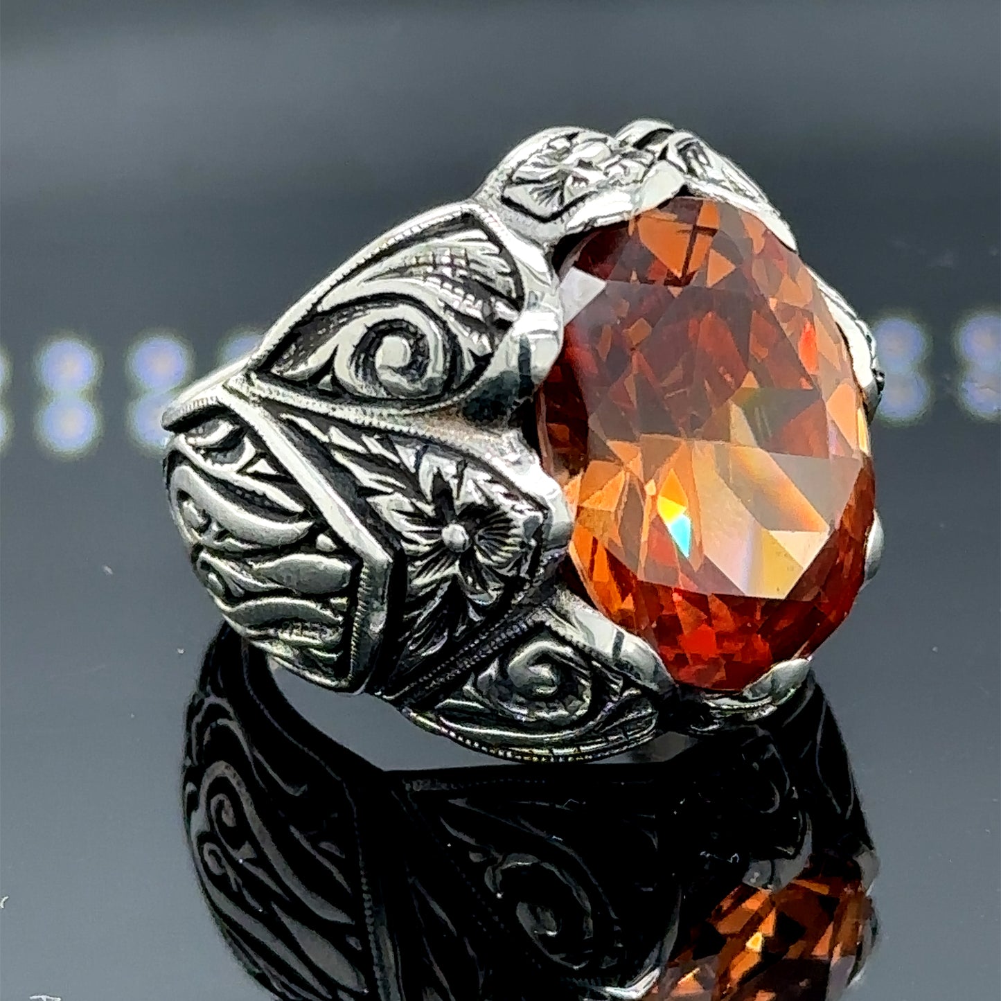 Men Silver Engraved Natural Yellow Citrine Gemstone Ring