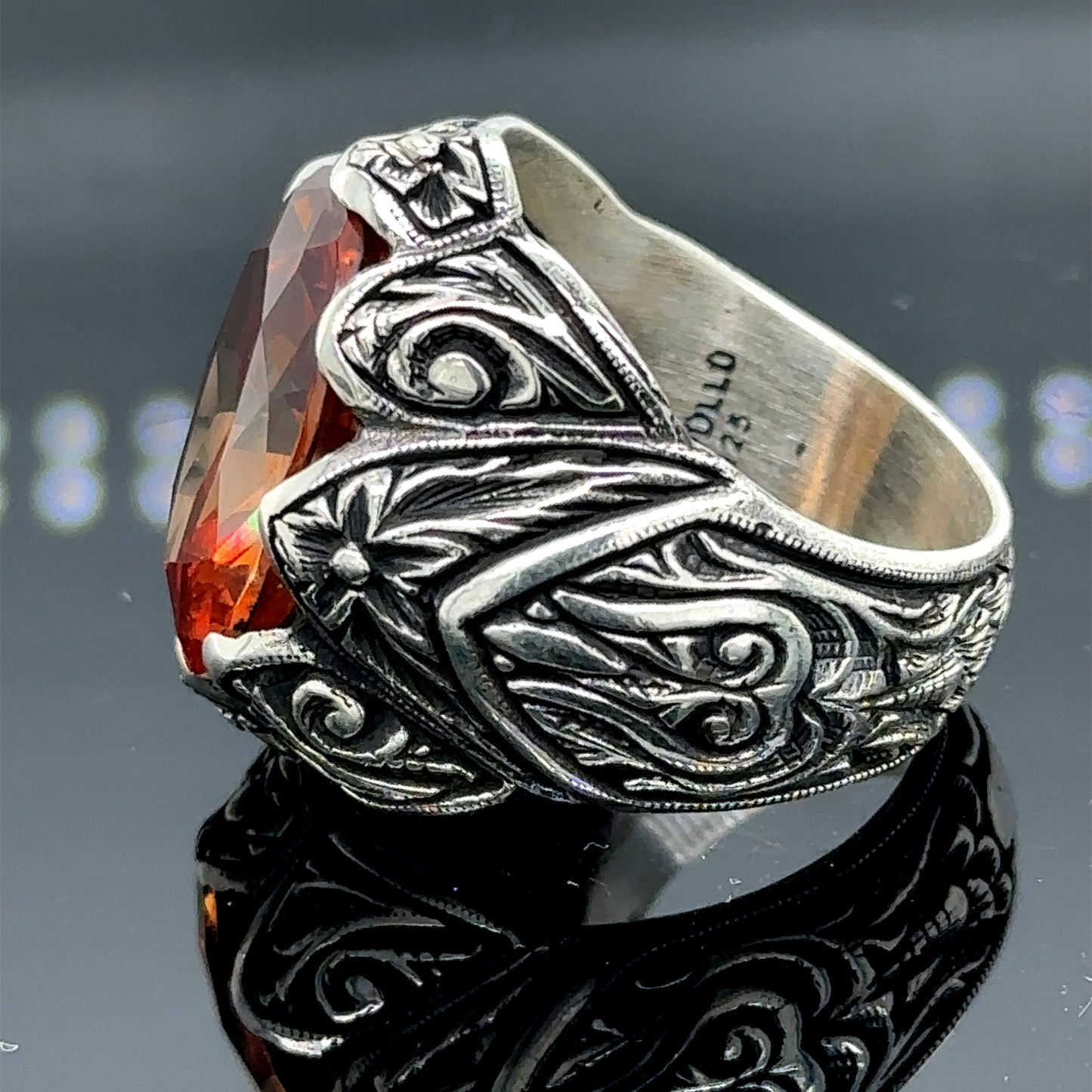 Men Silver Engraved Natural Yellow Citrine Gemstone Ring