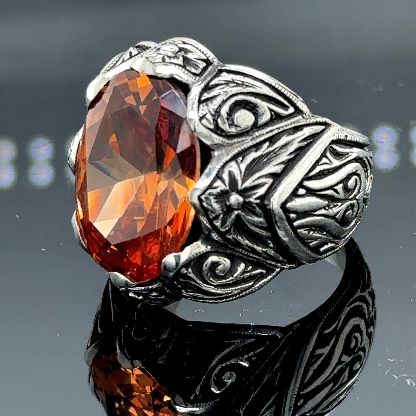 Men Silver Engraved Natural Yellow Citrine Gemstone Ring