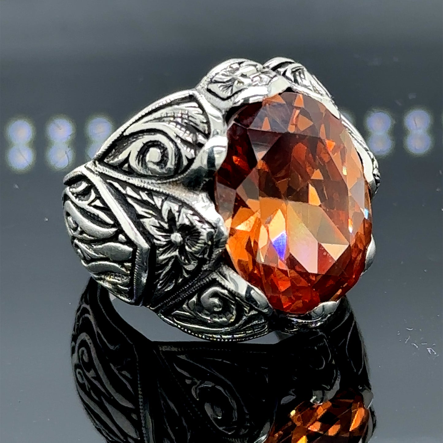 Men Silver Engraved Natural Yellow Citrine Gemstone Ring