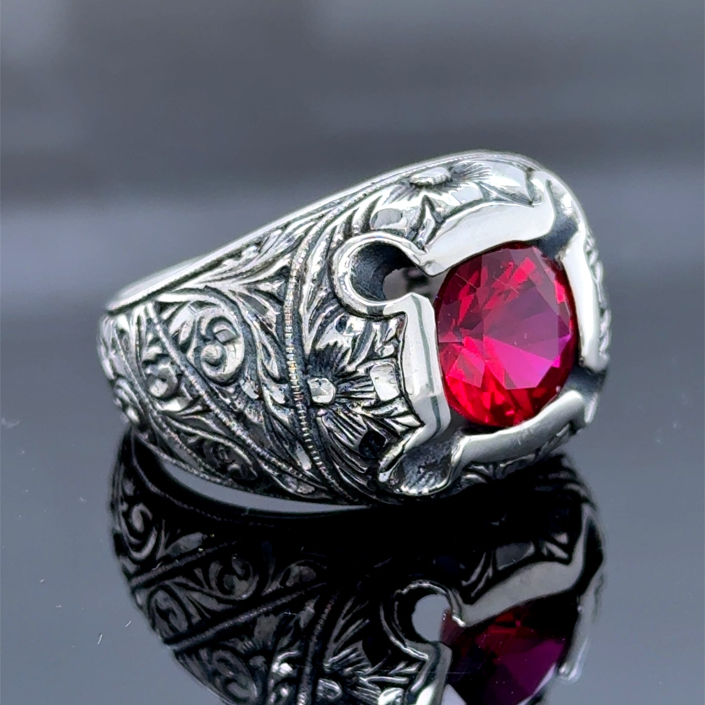 Men Silver Handmade Engraved Red Ruby Gemstone Ring