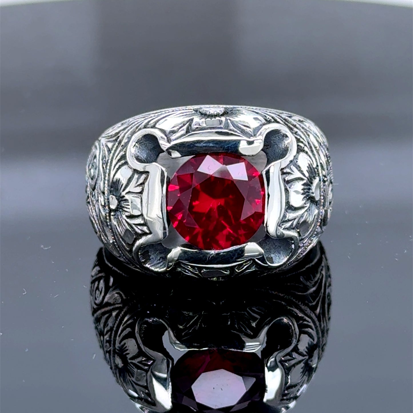 Men Silver Handmade Engraved Red Ruby Gemstone Ring