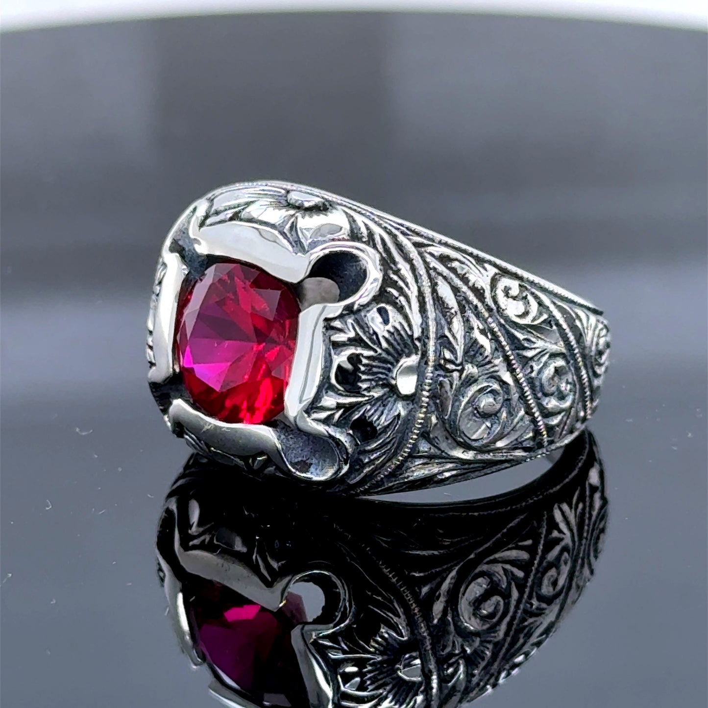 Men Silver Handmade Engraved Red Ruby Gemstone Ring