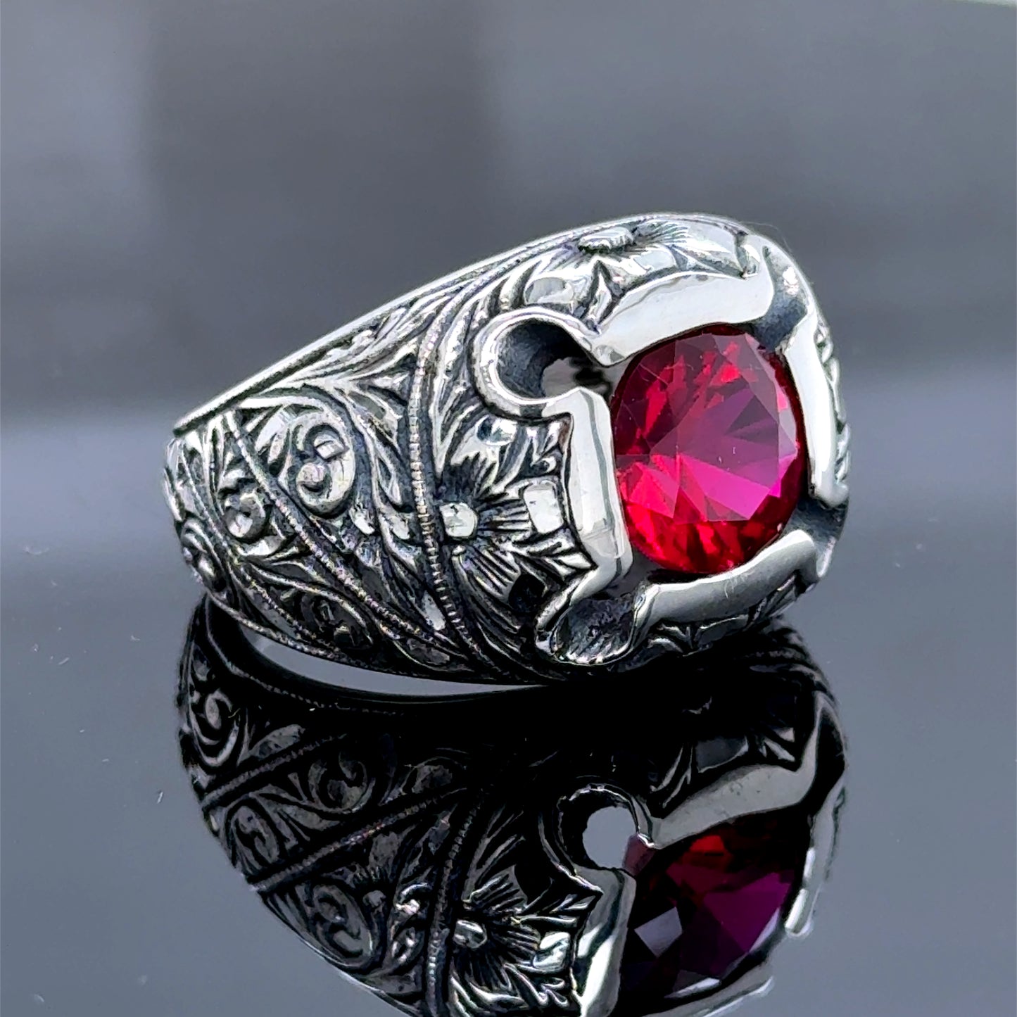 Men Silver Handmade Engraved Red Ruby Gemstone Ring