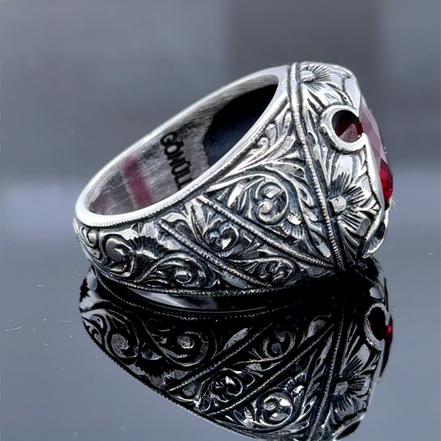 Men Silver Handmade Engraved Red Ruby Gemstone Ring