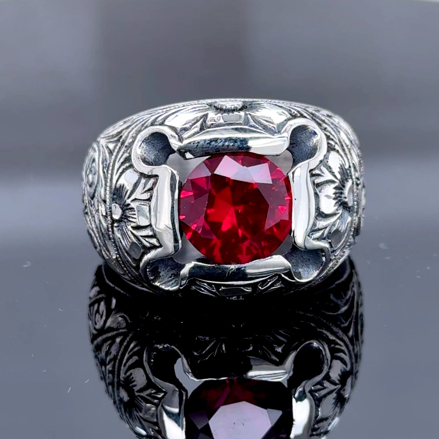 Men Silver Handmade Engraved Red Ruby Gemstone Ring