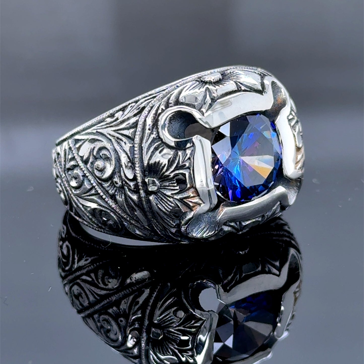 Men Silver Engraved Handmade Blue Sapphire Gemstone Ring