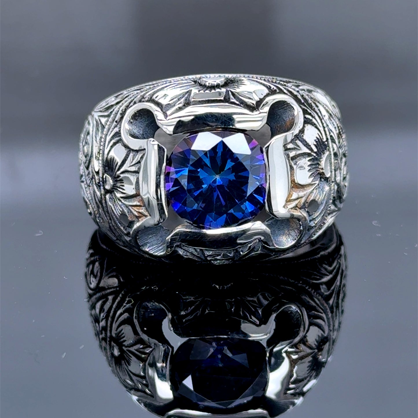 Men Silver Engraved Handmade Blue Sapphire Gemstone Ring