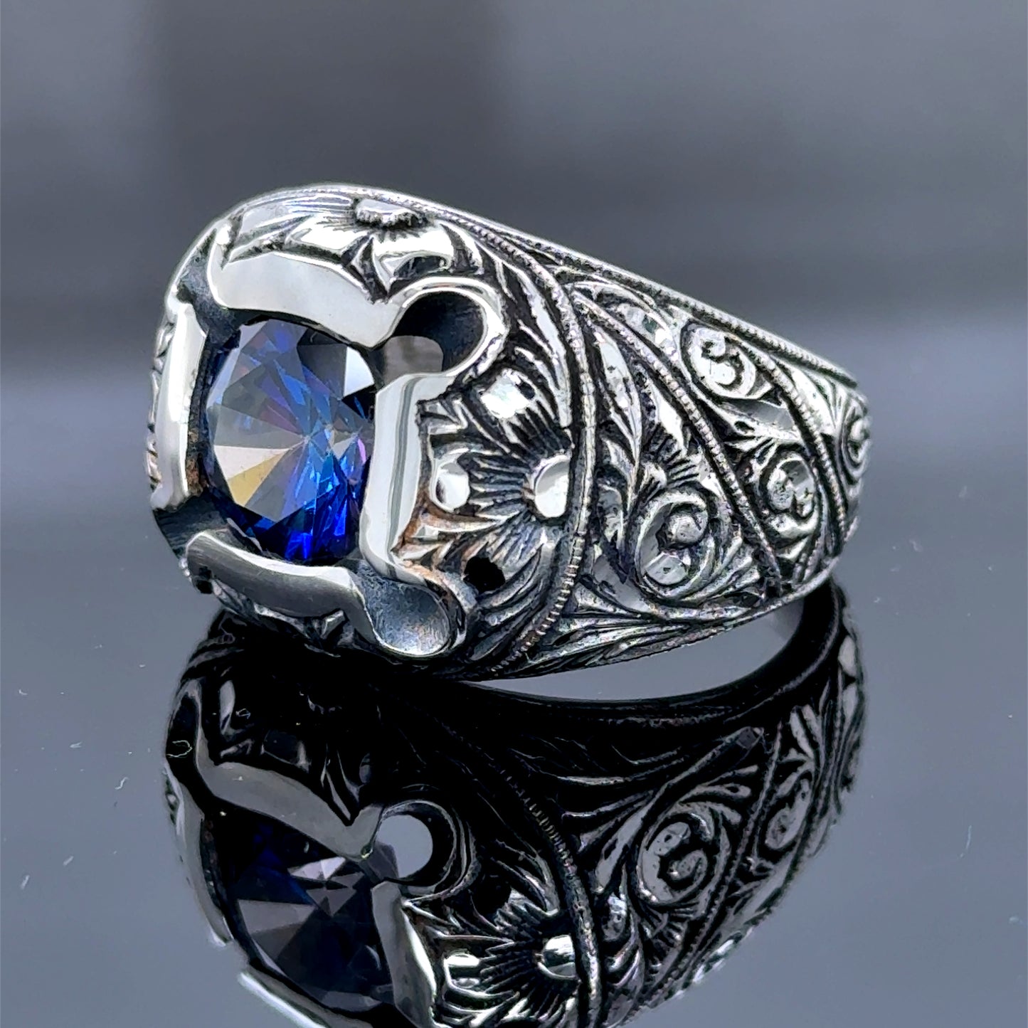 Men Silver Engraved Handmade Blue Sapphire Gemstone Ring