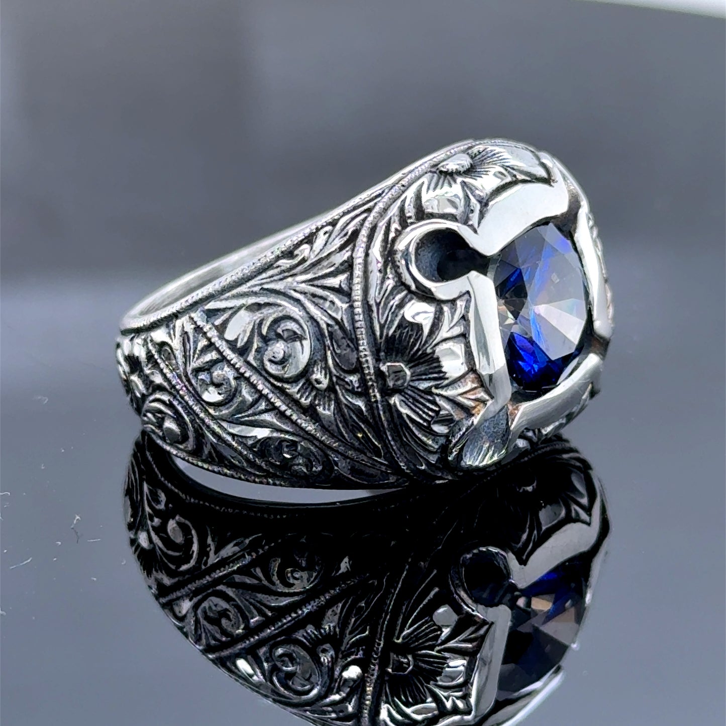 Men Silver Engraved Handmade Blue Sapphire Gemstone Ring