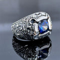 Men Silver Engraved Handmade Blue Sapphire Gemstone Ring