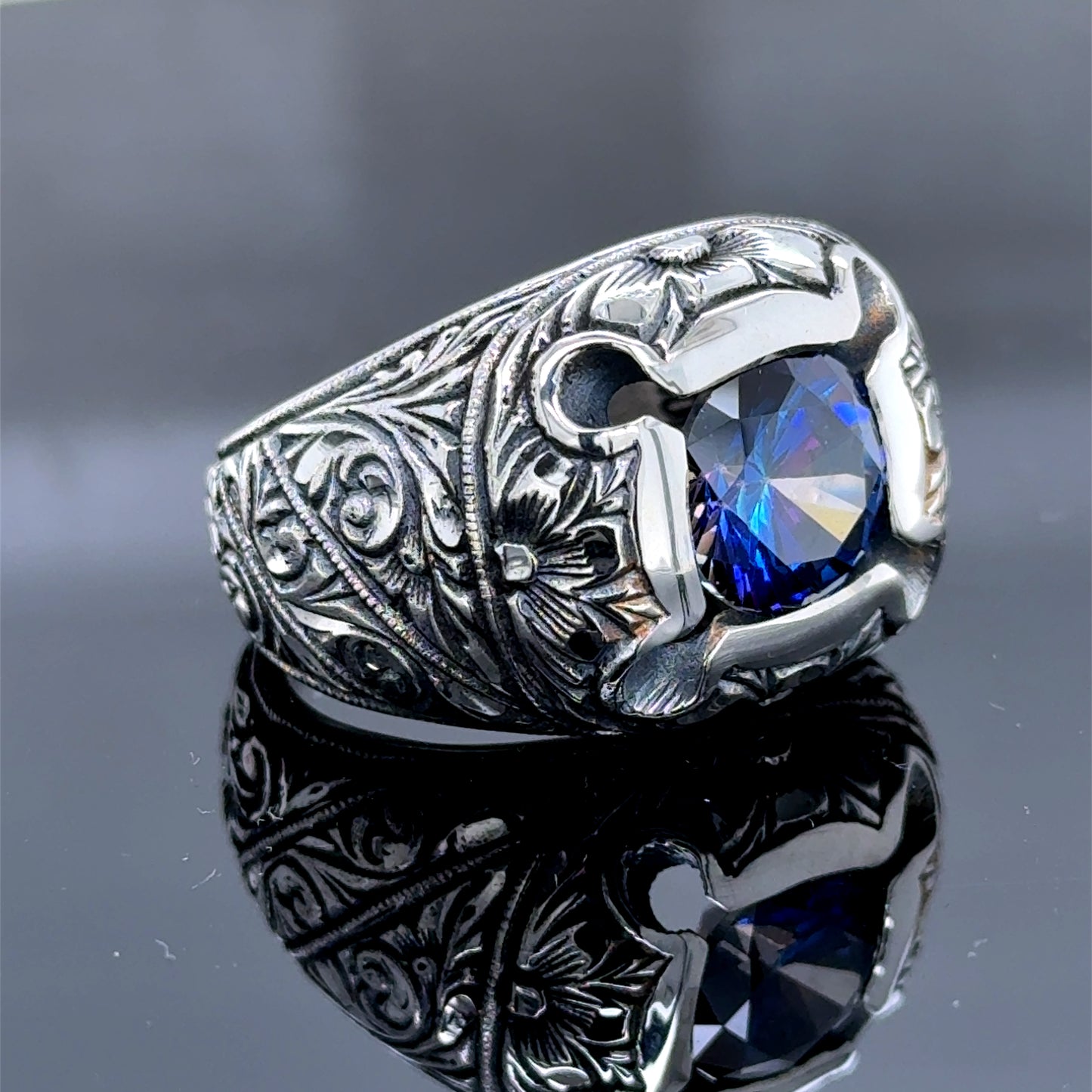 Men Silver Engraved Handmade Blue Sapphire Gemstone Ring