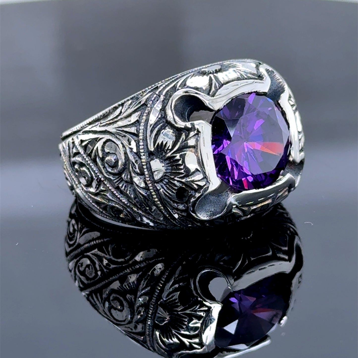 Men Engraved Amethyst Ring, Handmade Natural Silver Amethyst Stone Men Ring