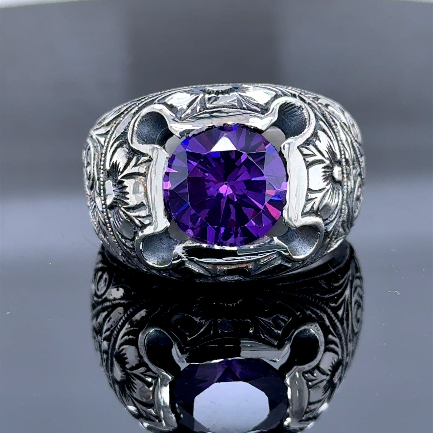 Men Engraved Amethyst Ring, Handmade Natural Silver Amethyst Stone Men Ring