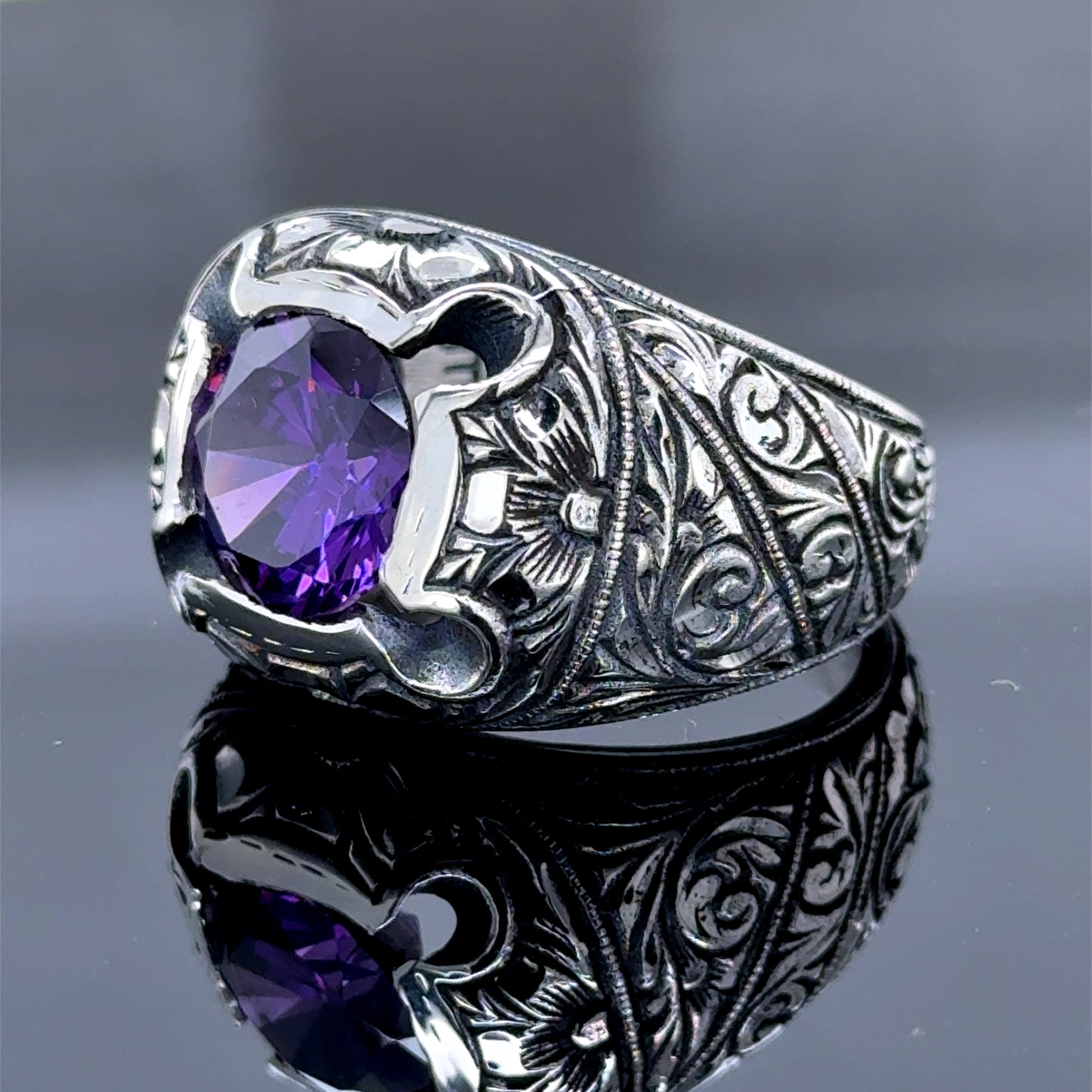 Men Engraved Amethyst Ring, Handmade Natural Silver Amethyst Stone Men Ring