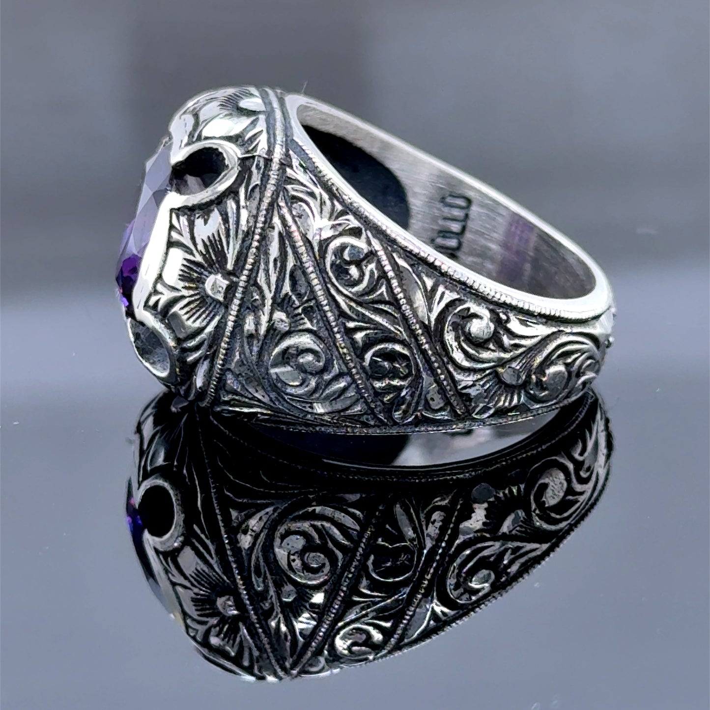 Men Engraved Amethyst Ring, Handmade Natural Silver Amethyst Stone Men Ring