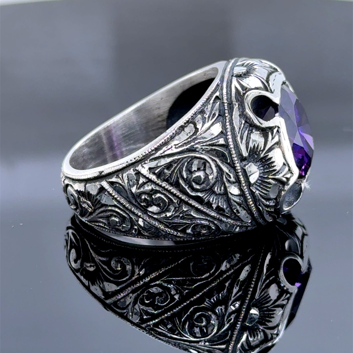 Men Engraved Amethyst Ring, Handmade Natural Silver Amethyst Stone Men Ring