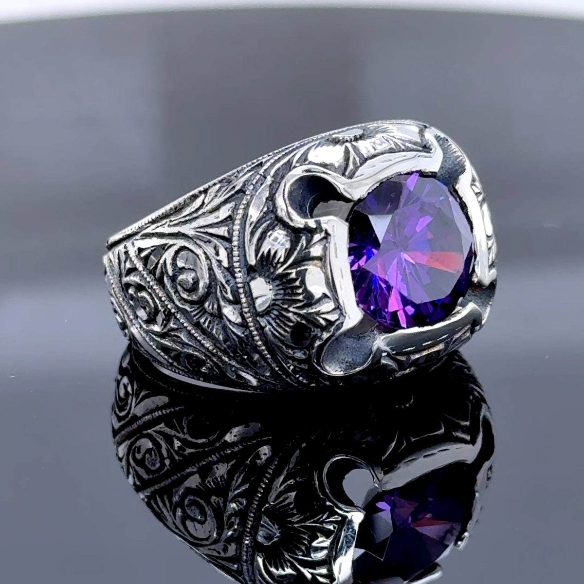 Men Engraved Amethyst Ring, Handmade Natural Silver Amethyst Stone Men Ring