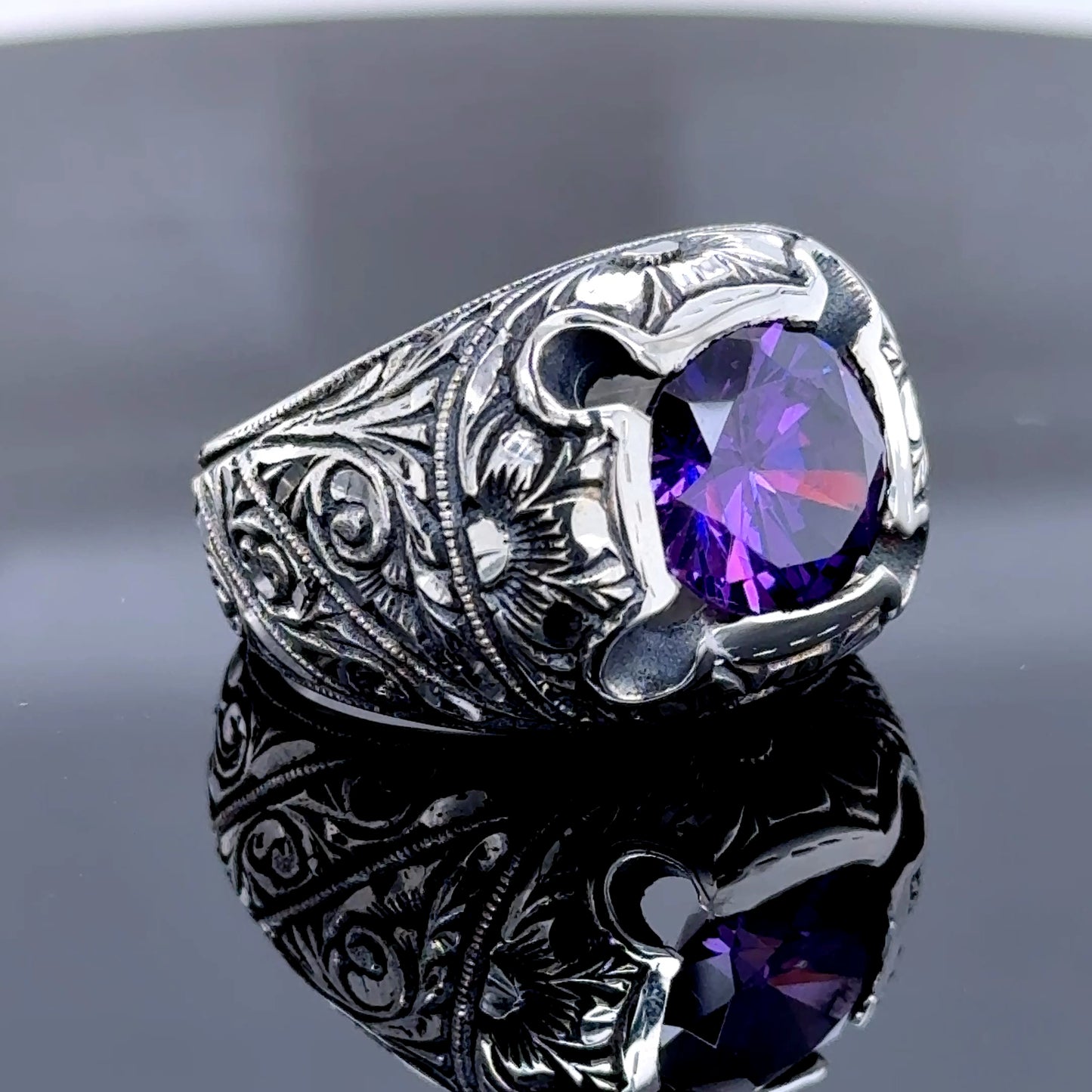 Men Engraved Amethyst Ring, Handmade Natural Silver Amethyst Stone Men Ring