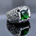 Men Silver Handmade Green Emerald Gemstone Hand-Engraved Ring