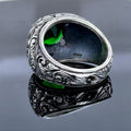 Men Silver Handmade Green Emerald Gemstone Hand-Engraved Ring