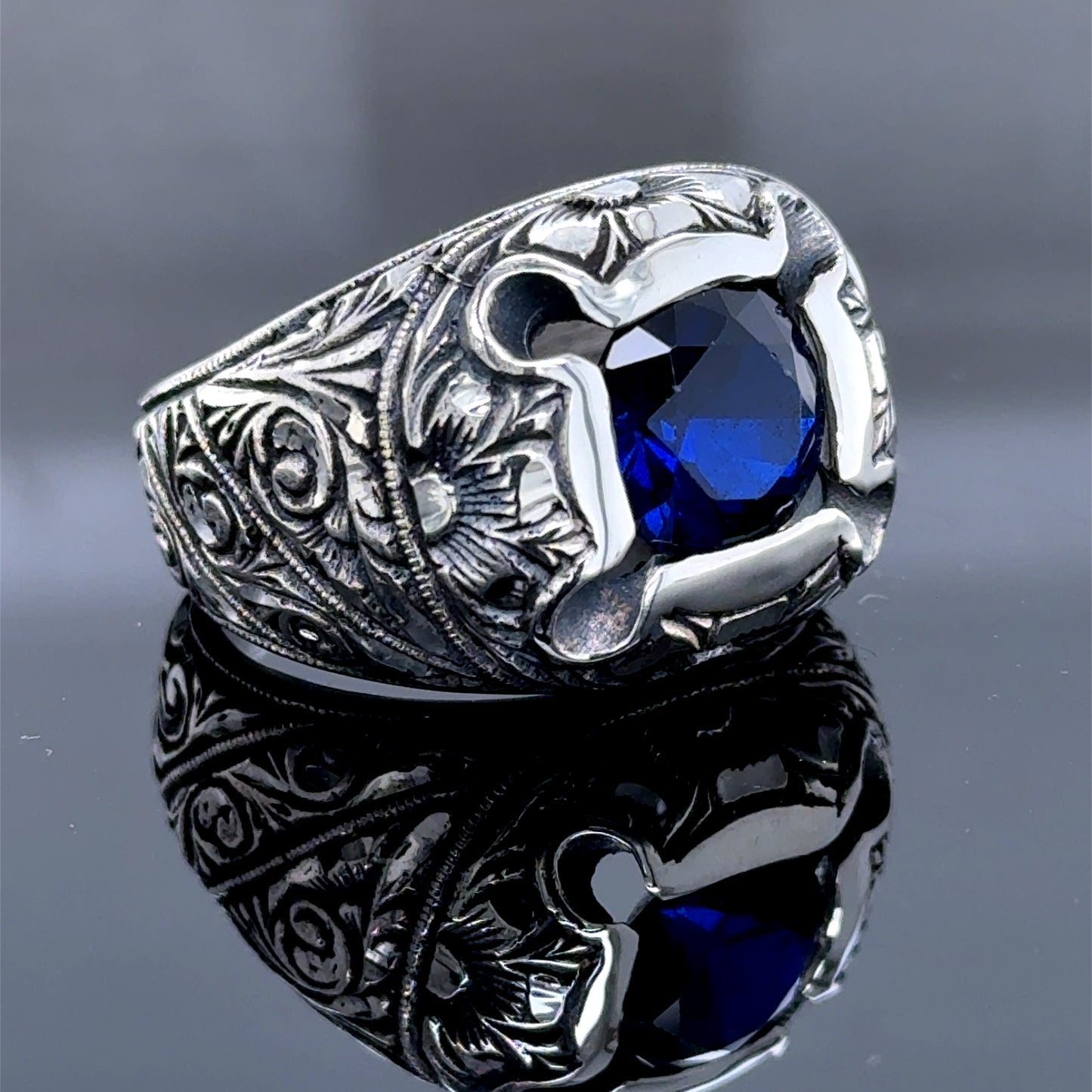 925k Silver Men Hand Engraved Blue Sapphire Gemstone Silver Ring