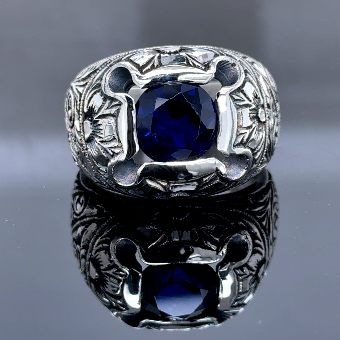 925k Silver Men Hand Engraved Blue Sapphire Gemstone Silver Ring