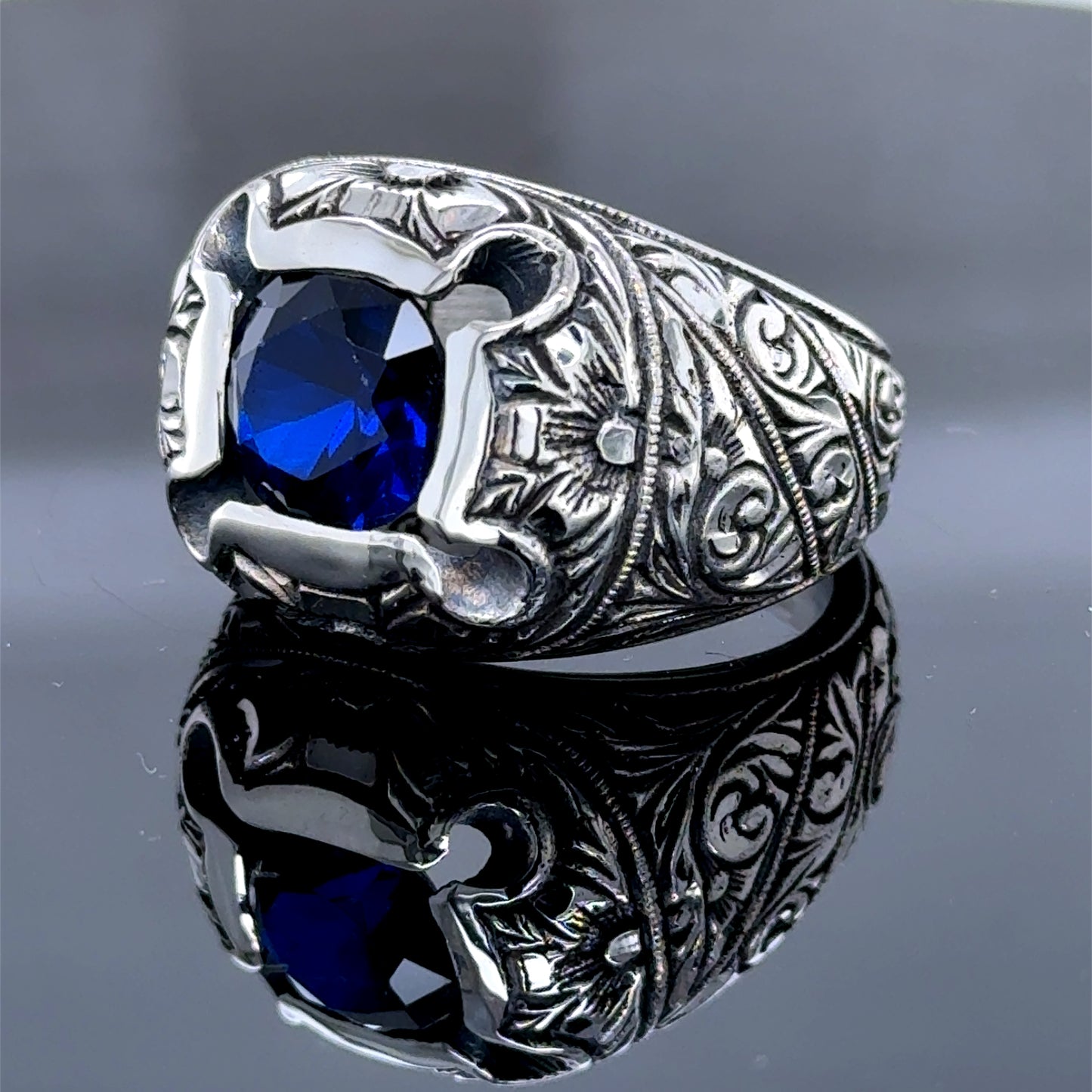 925k Silver Men Hand Engraved Blue Sapphire Gemstone Silver Ring