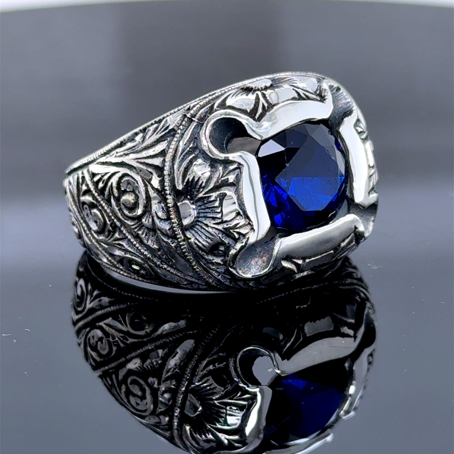 925k Silver Men Hand Engraved Blue Sapphire Gemstone Silver Ring