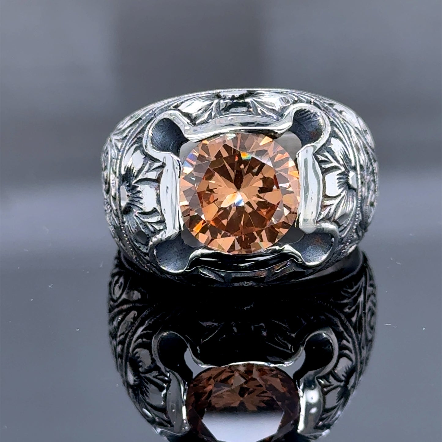 Men Engraved Citrine Gemstone Silver Ring Square Men Engraved Ring