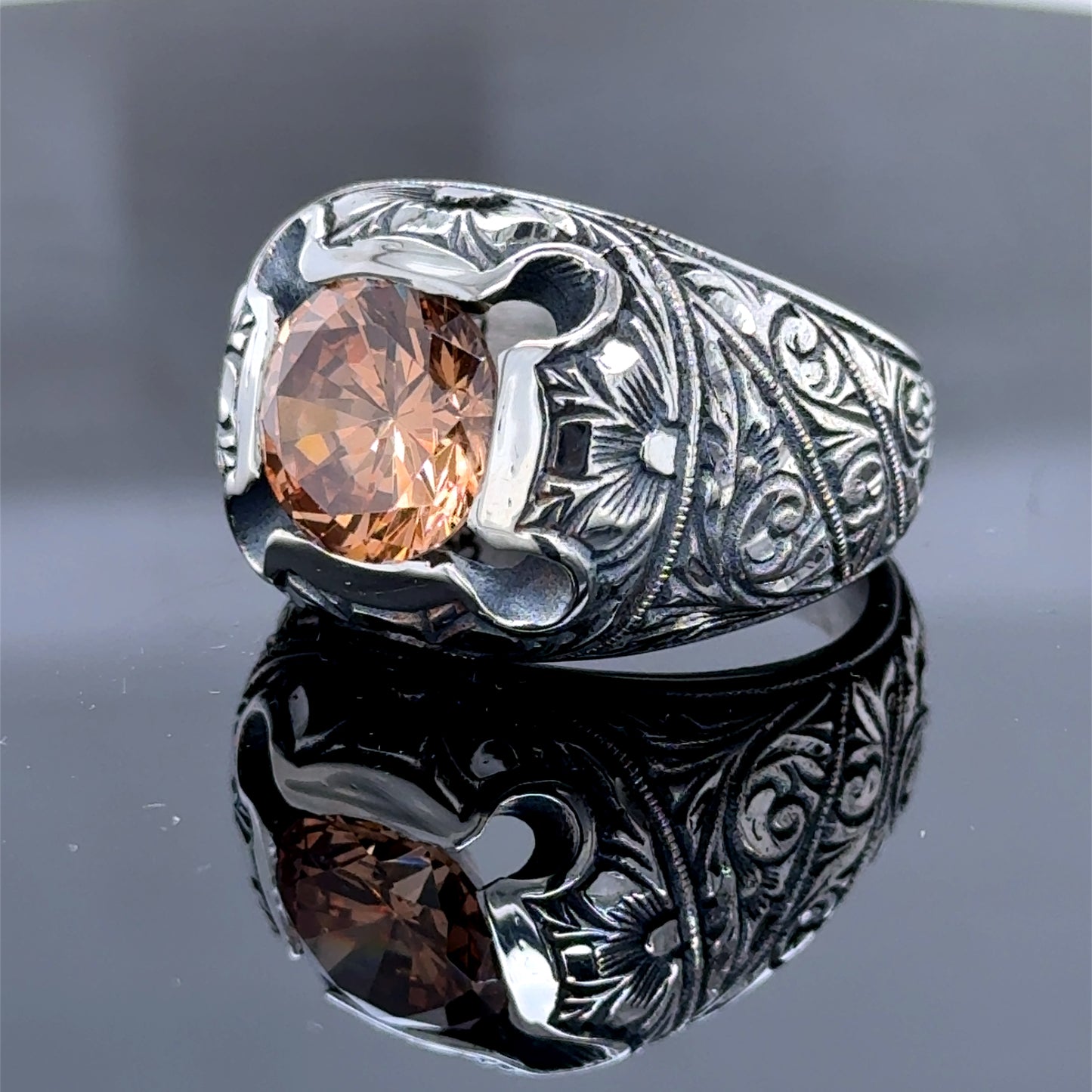 Men Engraved Citrine Gemstone Silver Ring Square Men Engraved Ring