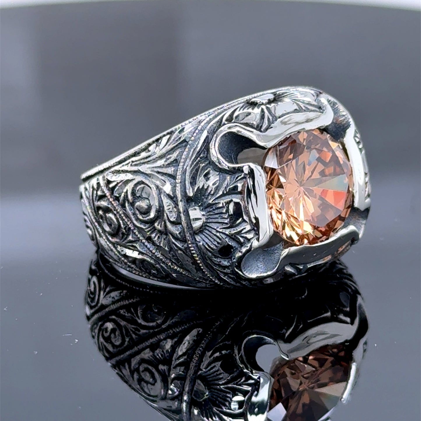 Men Engraved Citrine Gemstone Silver Ring Square Men Engraved Ring