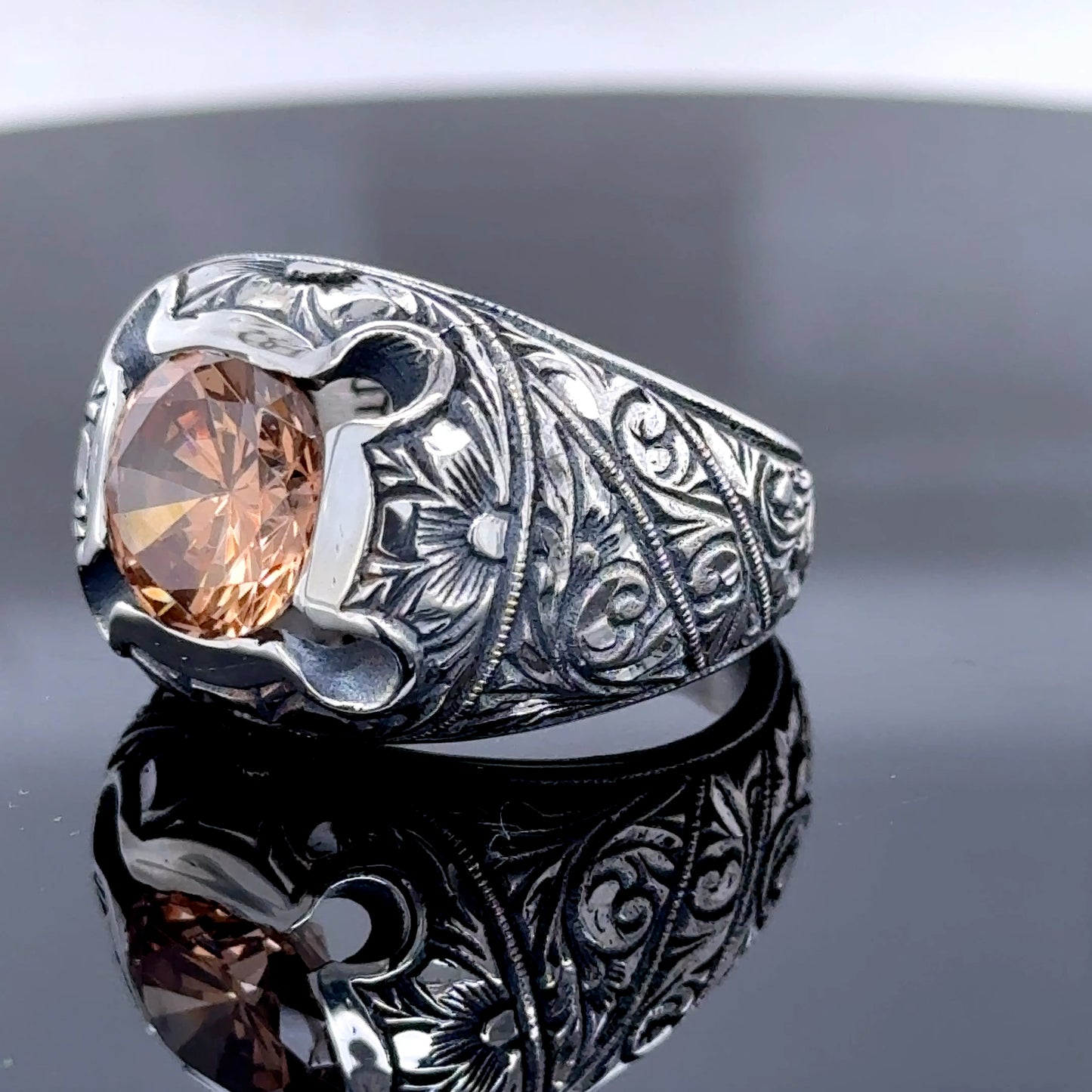 Men Engraved Citrine Gemstone Silver Ring Square Men Engraved Ring