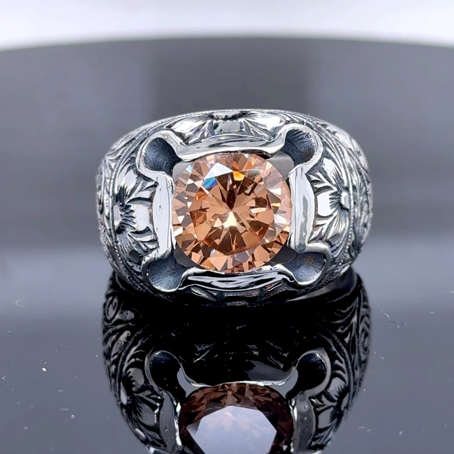 Men Engraved Citrine Gemstone Silver Ring Square Men Engraved Ring