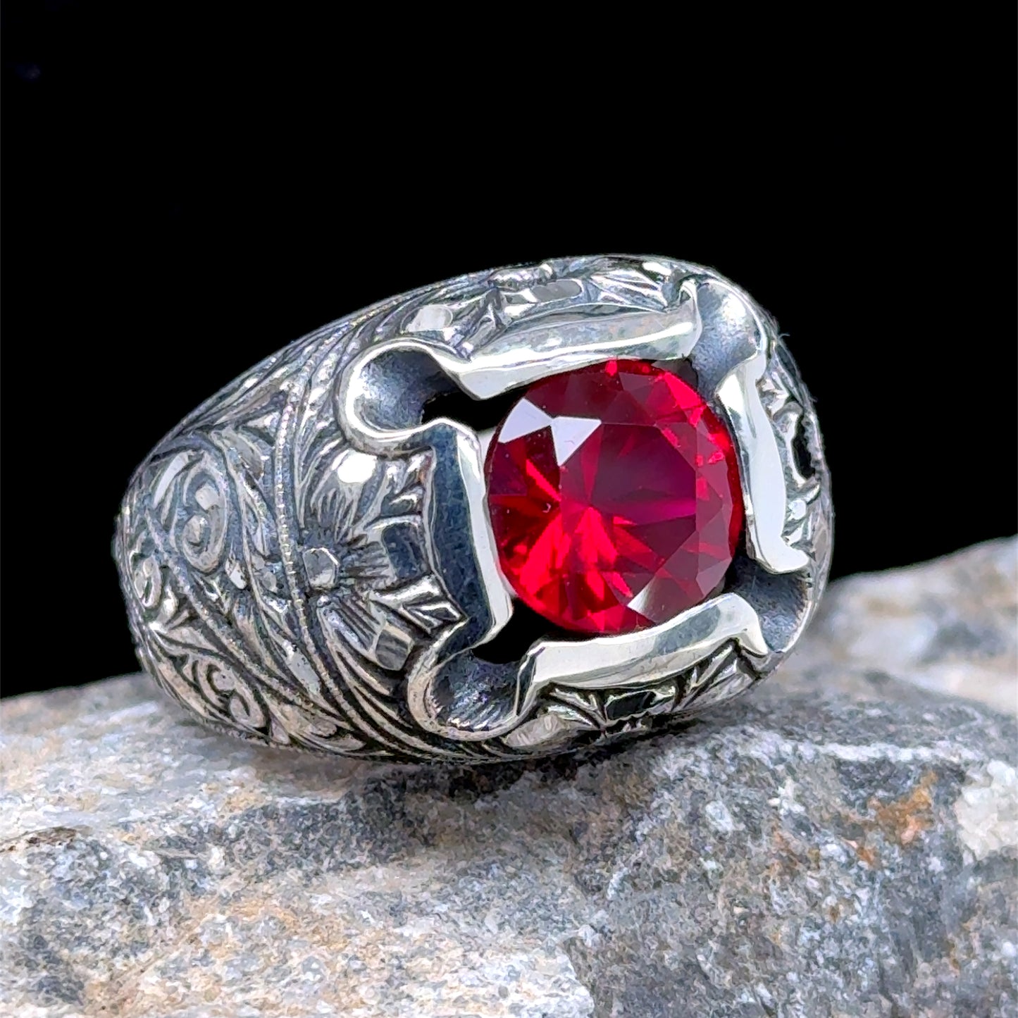 Men Silver Handmade Engraved Red Ruby Gemstone Ring