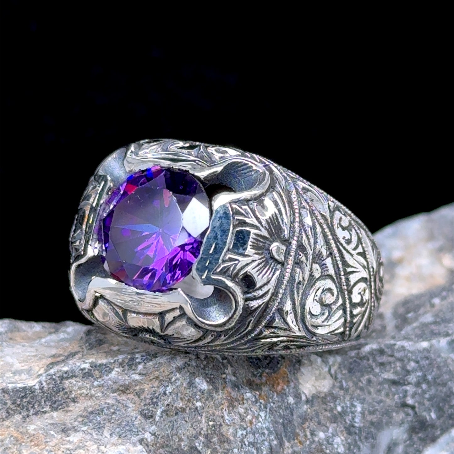 Men Engraved Amethyst Ring, Handmade Natural Silver Amethyst Stone Men Ring