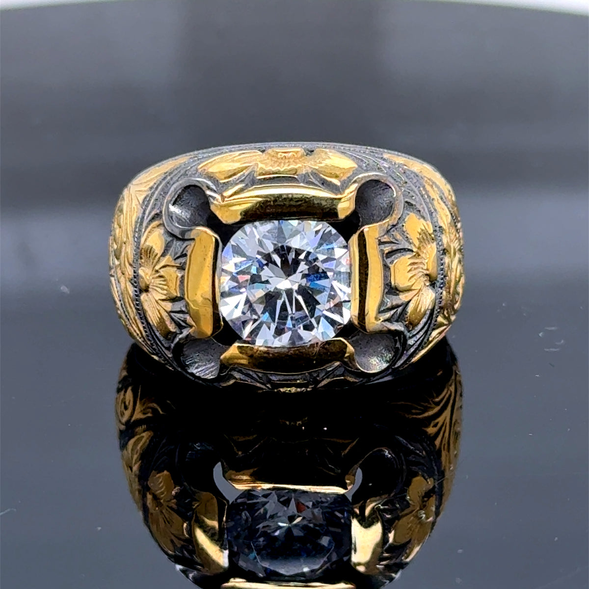 Silver Hand Engraved Moissanite Band Ring, Silver Men's Ice Out Ring, Silver Diamond Ring