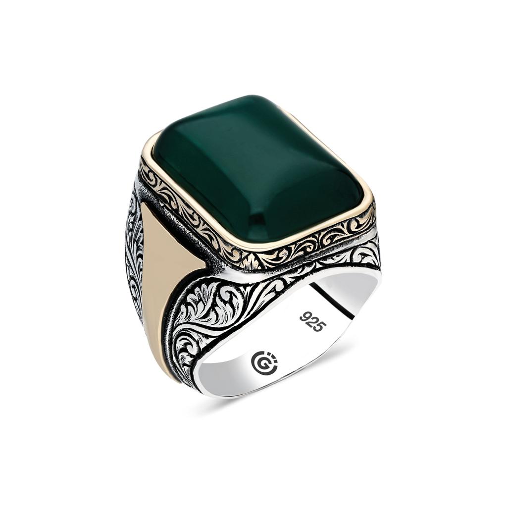 Silver Ottoman Style Green Agate Stone Ring